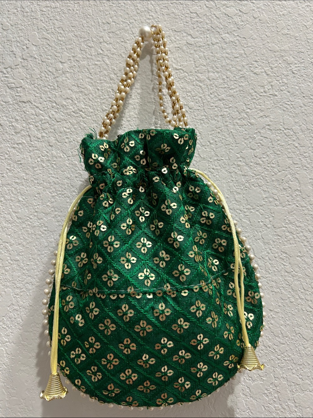 Green Embellished Drawstring Potli Bag with Pearl Handle